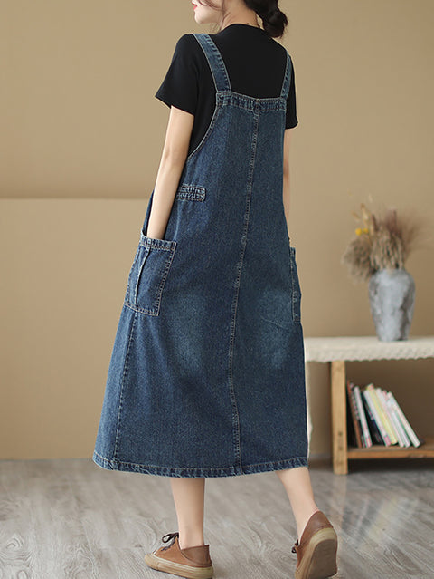 Robe en jean rétro plissée avec poches et cordon de serrage pour femmes, été