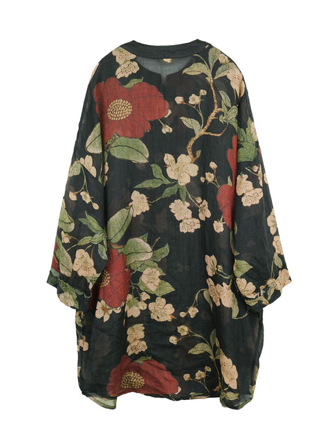 Chemise longue de printemps en ramie à imprimé floral vintage pour femmes de grande taille