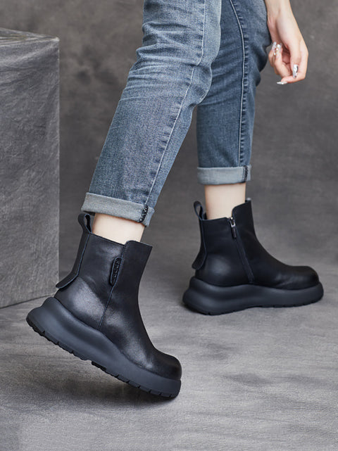 Bottes à plateforme zippées en cuir véritable vintage pour femmes