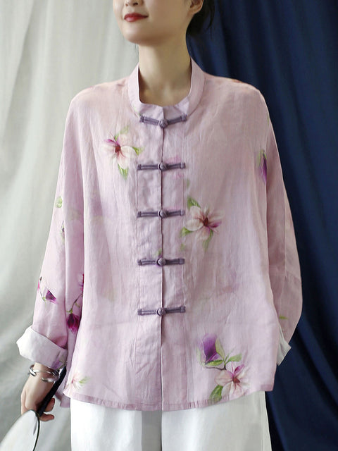 Manteau chemise en ramie rose vintage à fleurs pour femmes de grande taille