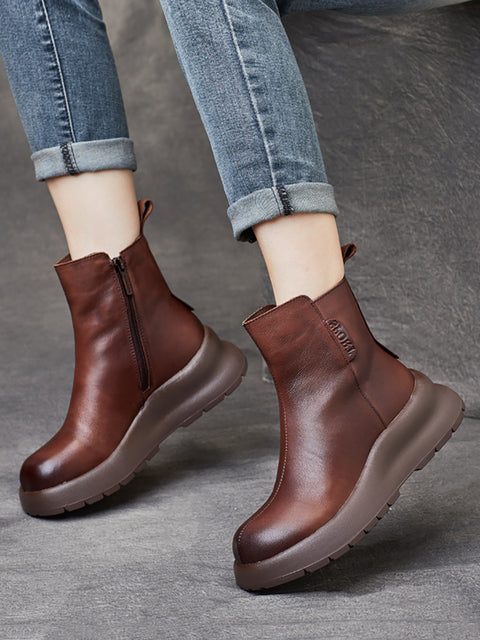 Bottes à plateforme zippées en cuir véritable vintage pour femmes