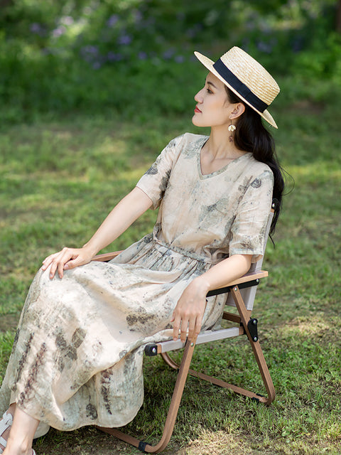 Robe Ramie à cordon de serrage et imprimé à l'encre Artsy pour femmes de grande taille