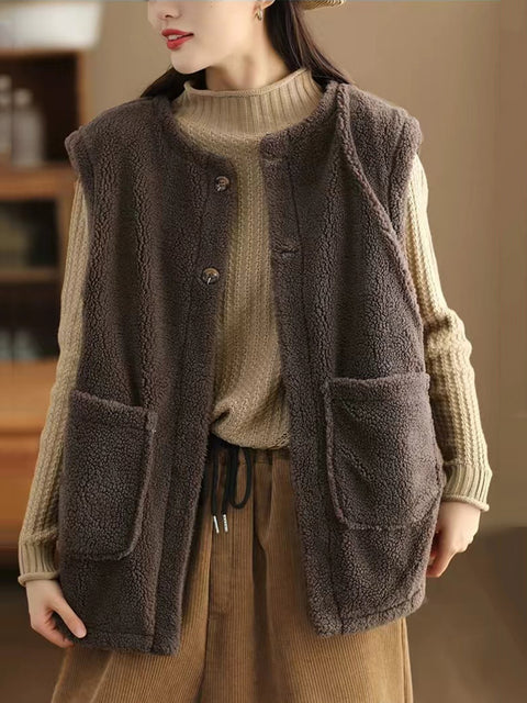 Women Casual Winter Solid Corduroy Plush Cotton Vest Coat