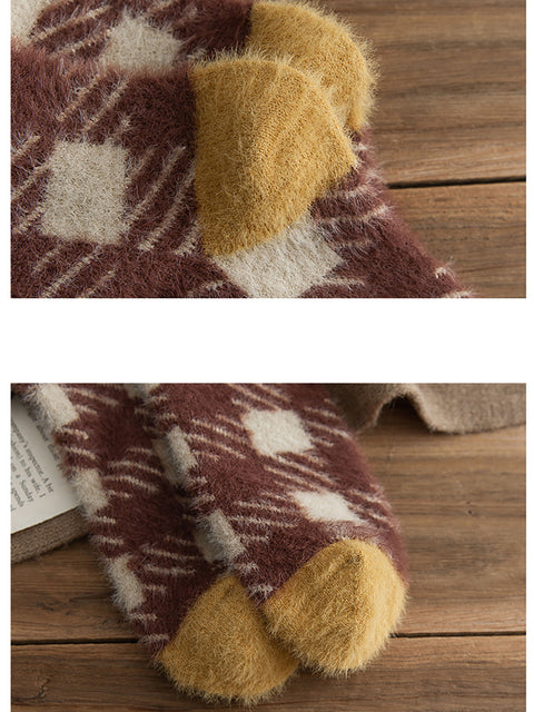 Lot de 5 paires de chaussettes d'hiver en peluche à carreaux pour femmes