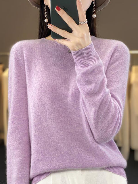 Women Autumn Solid Knit 100%Wool O-Neck Sweater