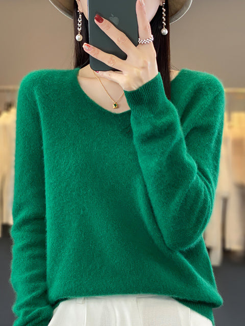 Pull en tricot à col en V de couleur unie pour femme