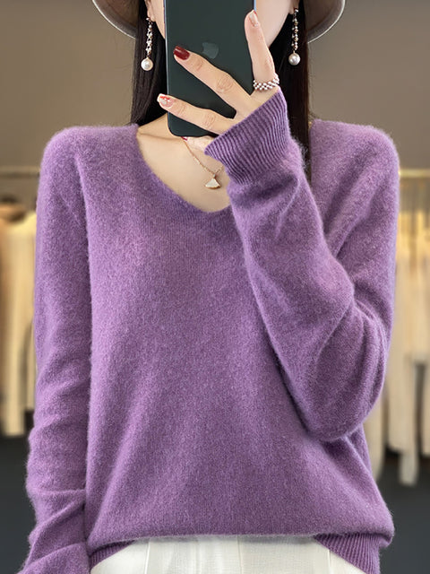 Pull en tricot à col en V de couleur unie pour femme