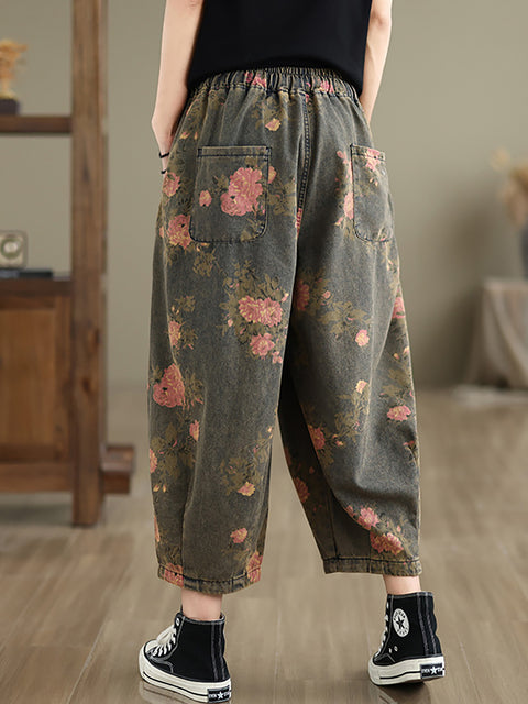 Pantalon ample en denim à fleurs rétro pour femme