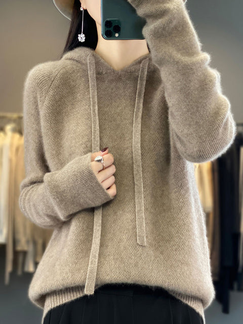 Women Winter Casual Solid Hooded Wool Sweater