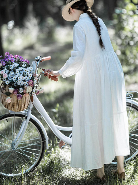 Robe de printemps unie froncée en lin 100% pour femmes de grande taille