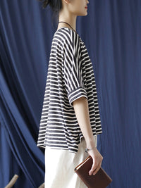 Thumbnail for Women Summer Casual Stripe Loose O-Neck Shirt