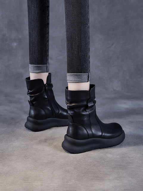 Bottes d'hiver à talons bas en cuir véritable pour femmes