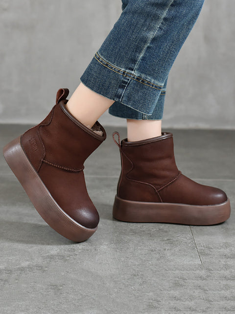 Bottes d'hiver à plateforme en cuir véritable doublées de polaire pour femmes