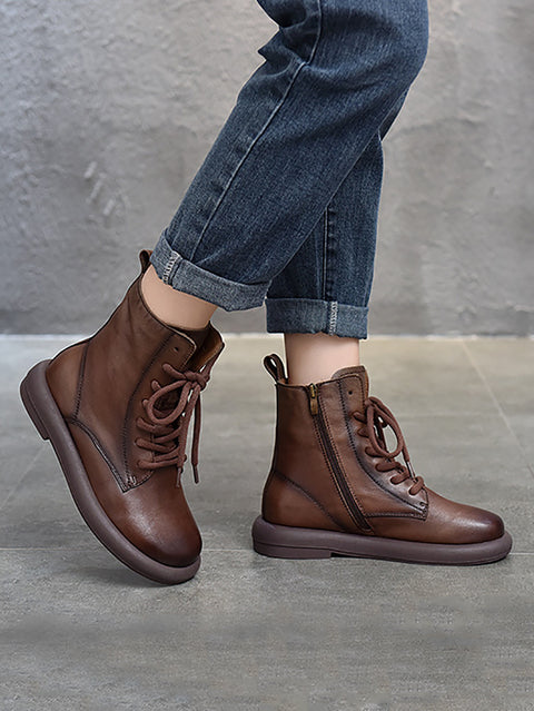 Bottes Martin à talon moyen et fermeture éclair souple en cuir véritable pour femmes