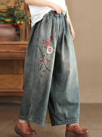 Thumbnail for Women Spring Vintage Flower Embroidery Denim Pants