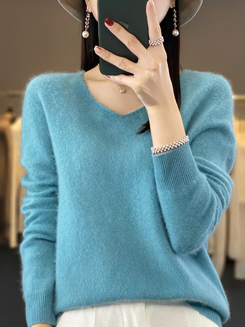 Pull en tricot à col en V de couleur unie pour femme