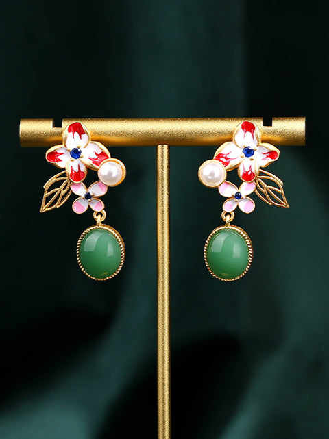 Boucles d'oreilles en forme de fleur pour femmes, en émail vert, Jade, plaque dorée