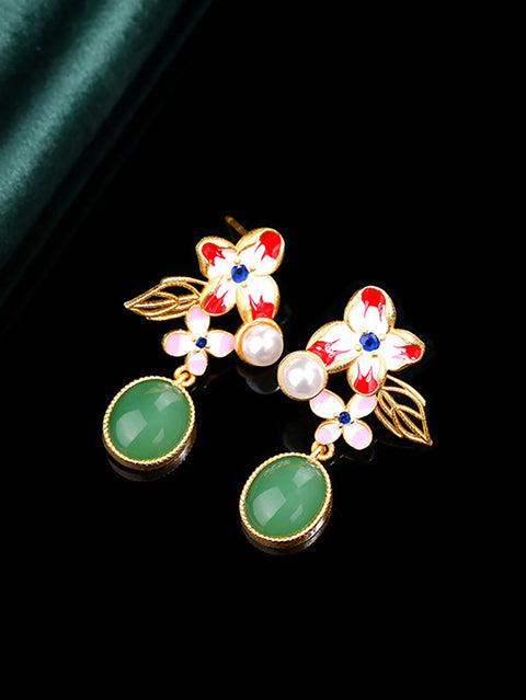 Boucles d'oreilles en forme de fleur pour femmes, en émail vert, Jade, plaque dorée