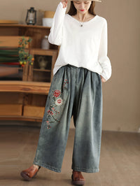 Thumbnail for Women Spring Vintage Flower Embroidery Denim Pants