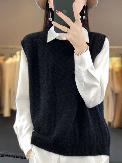 Women Casual Wool O-Neck Twist Knit Vest