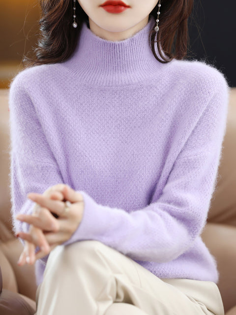 Women Autumn Solid Knit 100%Wool Turtleneck Sweater