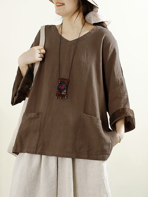 Plus Size Women Vintage Solid V-Neck 100%Linen Blouse