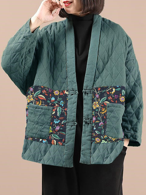 Manteau ethnique à col en V et poche épissée pour femmes de grande taille