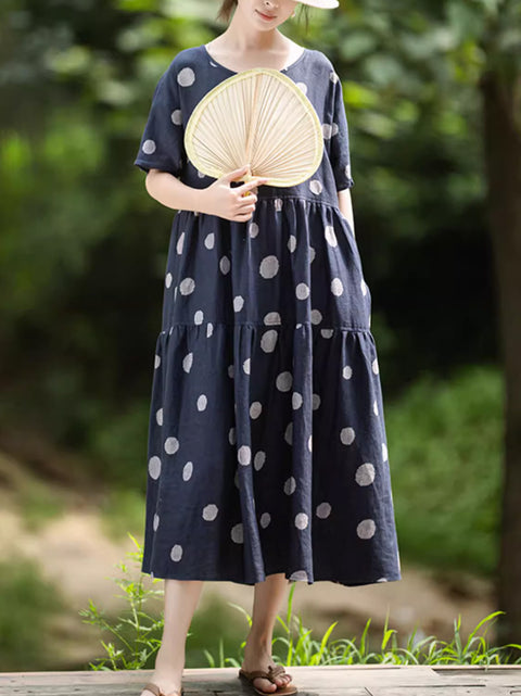 Women Summer Artsy Dot O-neck 100%Linen Dress