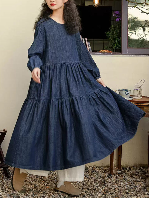 Women Spring Pure Color O-Neck Denim Dress