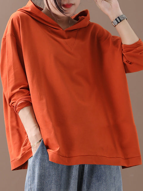 Plus Size Women Solid Color Casual Hooded Blouse