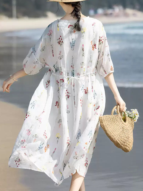 Robe 100 % ramie avec broderies de fleurs printanières pour femmes