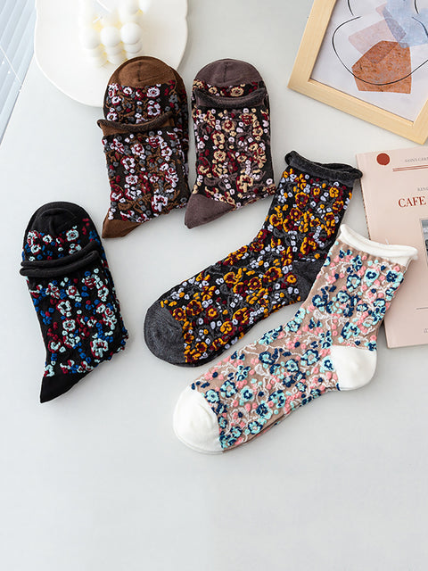 5 paires de chaussettes à ourlets en jacquard floral pour femmes d'hiver