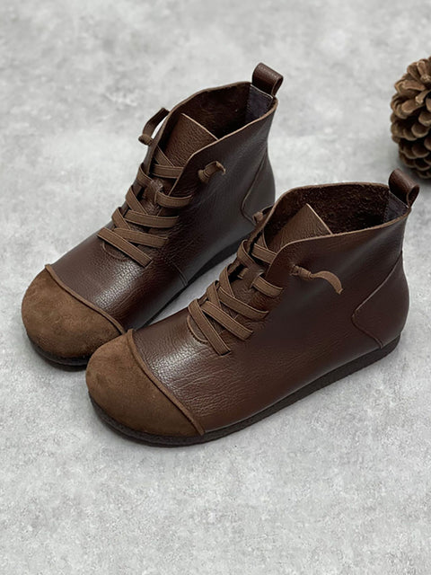 Bottines d'hiver vintage en cuir avec cordon de serrage pour femme