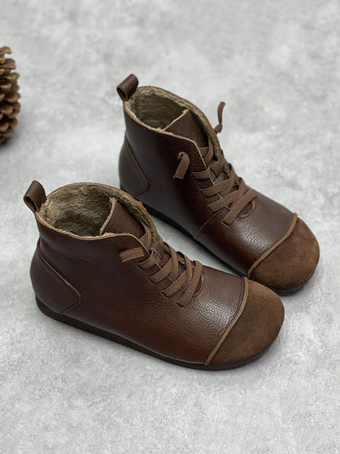 Bottines d'hiver vintage en cuir avec cordon de serrage pour femme