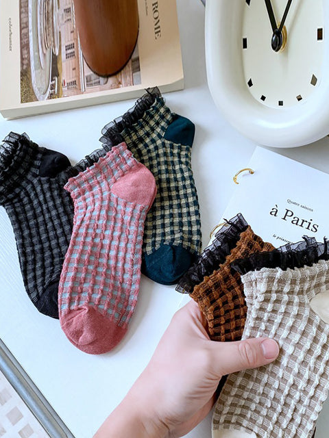 5 paires de chaussettes vintage en dentelle à treillis solide pour femmes