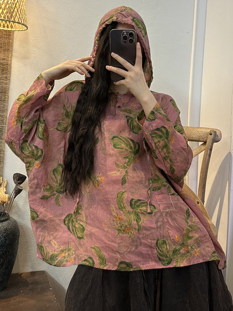 Chemise à capuche avec cordon de serrage et boutons de fleurs rétro pour femmes de grande taille