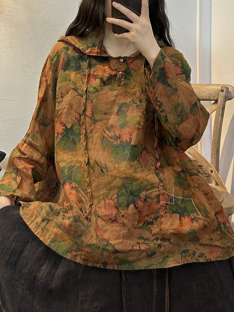 Chemise à capuche avec cordon de serrage et boutons de fleurs rétro pour femmes de grande taille