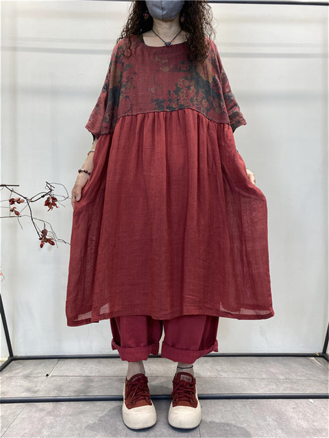 Robe Ramie ample à plis épissés de fleurs rétro pour femmes de grande taille