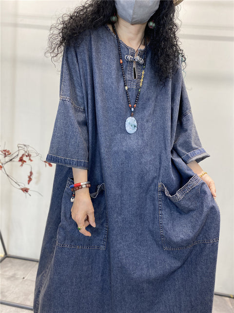 Robe en jean ample et unie avec poches rétro pour femmes, été