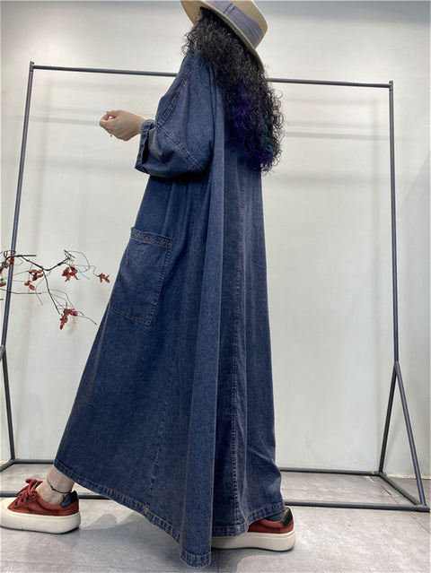 Robe en jean ample et unie avec poches rétro pour femmes, été