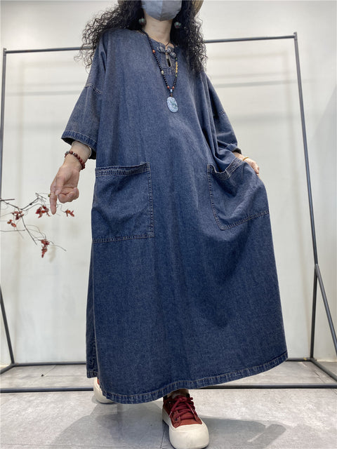 Robe en jean ample et unie avec poches rétro pour femmes, été