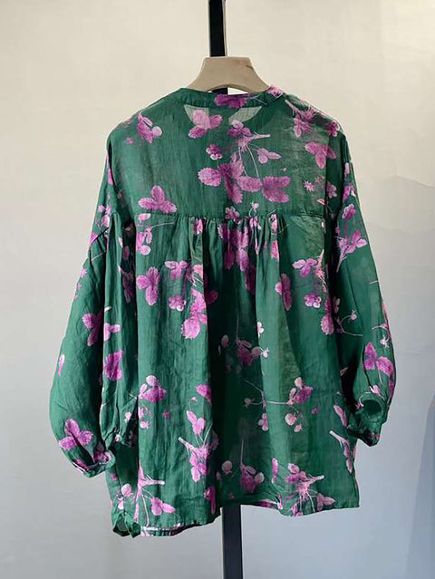 Chemise Ramie d'Été Vintage de Grande Taille avec Boutons à Fleurs et Cordon de Serrage