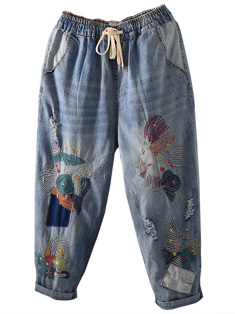 Pantalon sarouel en Denim avec poches et coutures Vintage pour femmes, été