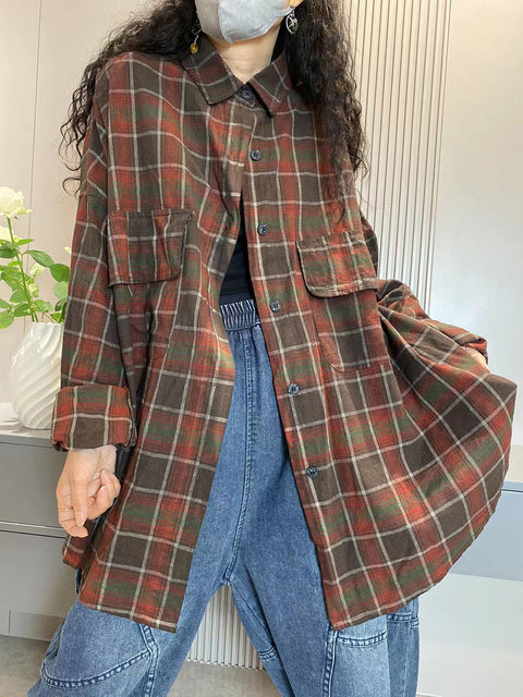 Grande taille femmes Vintage Plaid poche longue Cardigan chemise