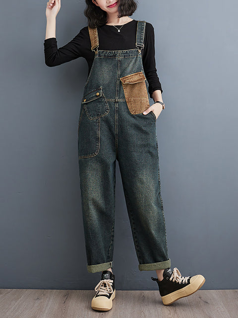 Women Vintage Colorblock Denim Loose Jumpsuits