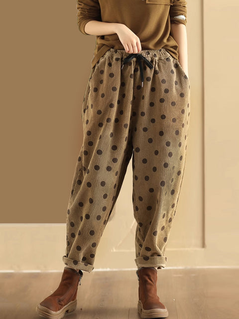 Pantalon sarouel en velours côtelé à pois vintage pour femmes de grande taille