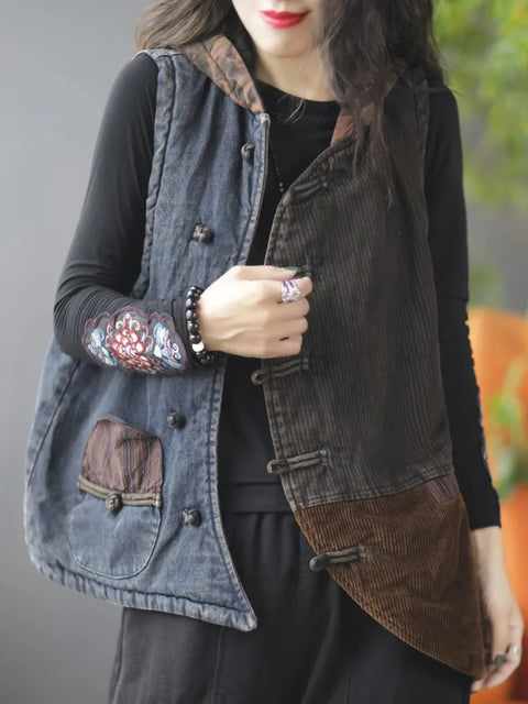 Women Autumn Retro Spliced Corduroy Hooded Vest Coat