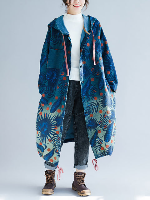 Manteau long à capuche en denim imprimé progressif Artsy Leaf pour femme