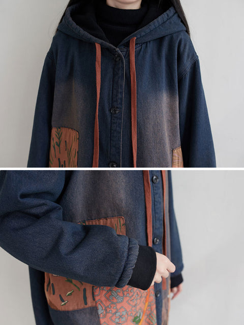 Manteau rembourré à capuche en denim épissé vintage pour femme