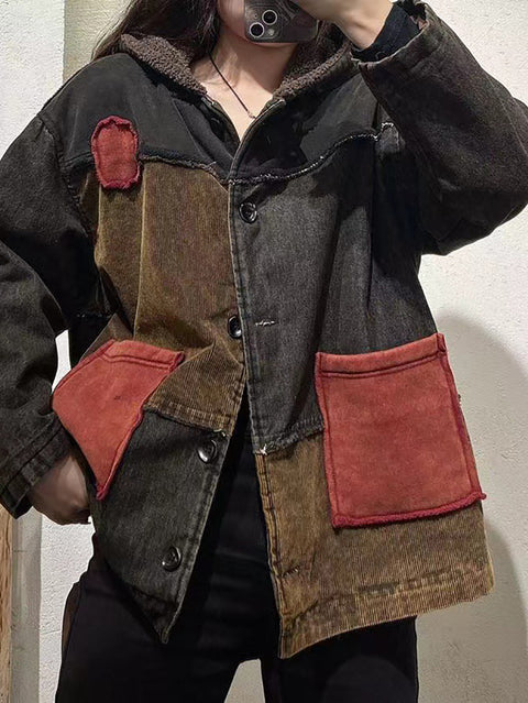 Manteau à capuche doublé en polaire de coton avec patch vintage pour femme